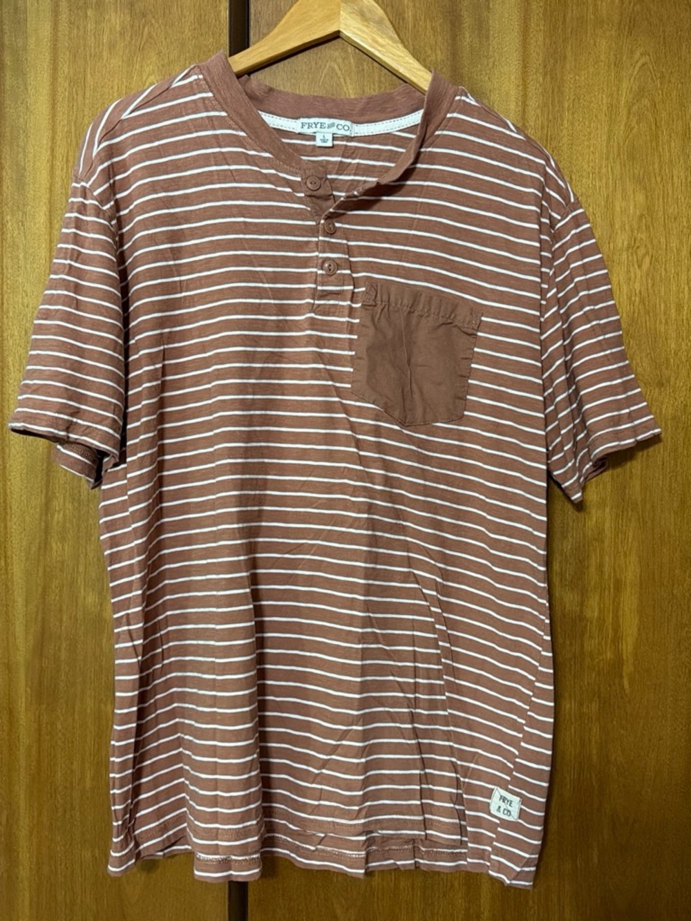 FRYE AND CO. Brown and White Striped Henley Pocket Tee